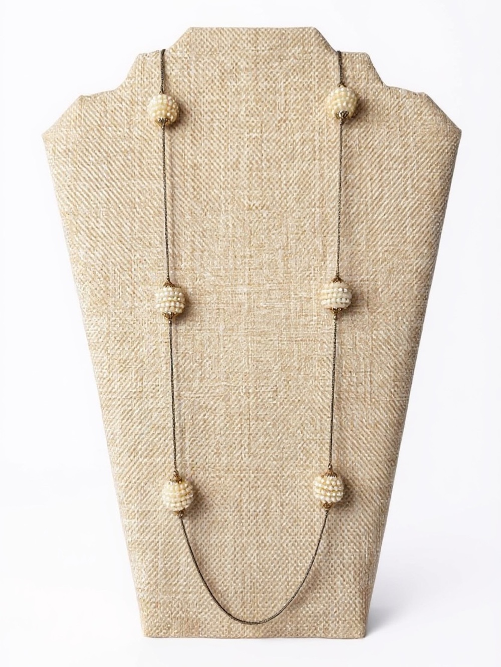 Vintage Pearl Bead Station Necklace Gold-Tone - SKU J